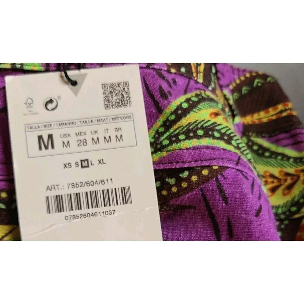 Zara Linen Blend Leaf Print Wide Leg Trouser Women's Size M 7852 604